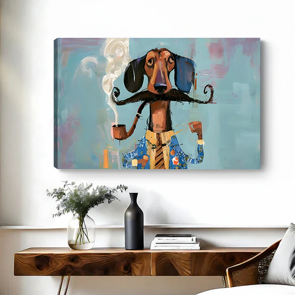 Whimsical mustached dachshund canvas wall art in a black frame above a bed with white pillows.