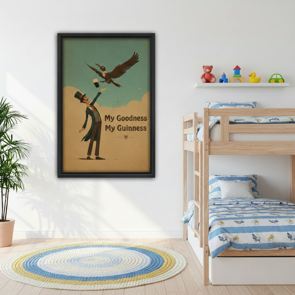 My Goodness My Guinness vintage humor canvas print hanging in room, retro poster wall art decor