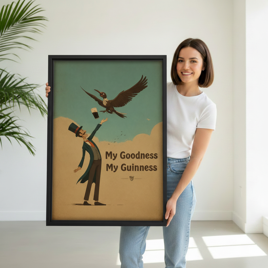 Woman holding large black framed My Goodness My Guinness vintage poster canvas print, retro beer art gift