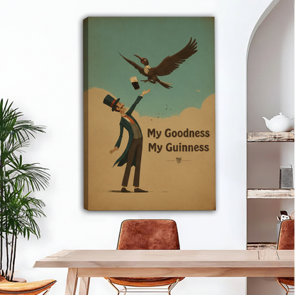 Frameless gallery wrap canvas print of retro Guinness beer poster with man and bird, vintage pub wall art