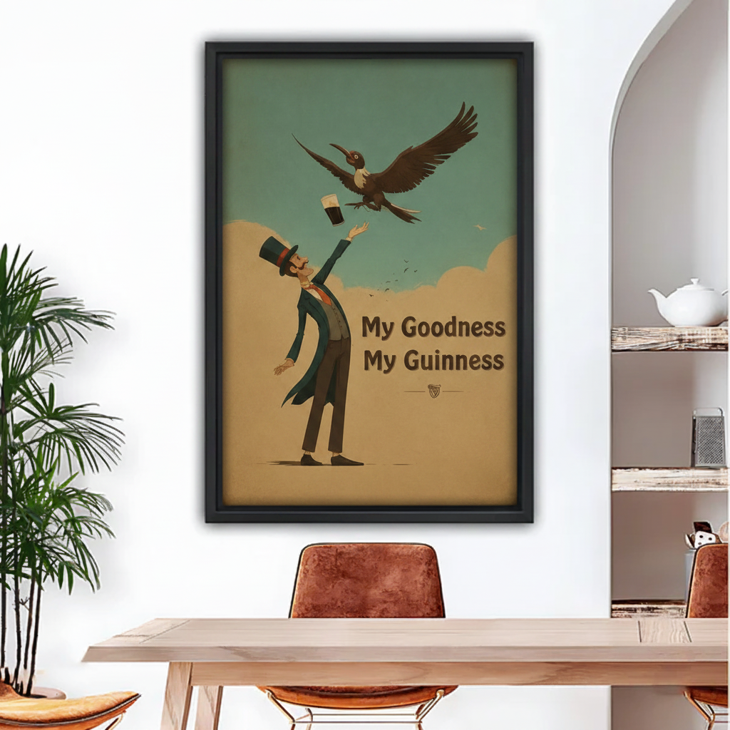 Black framed My Goodness My Guinness vintage beer poster canvas wall art, retro bar decor