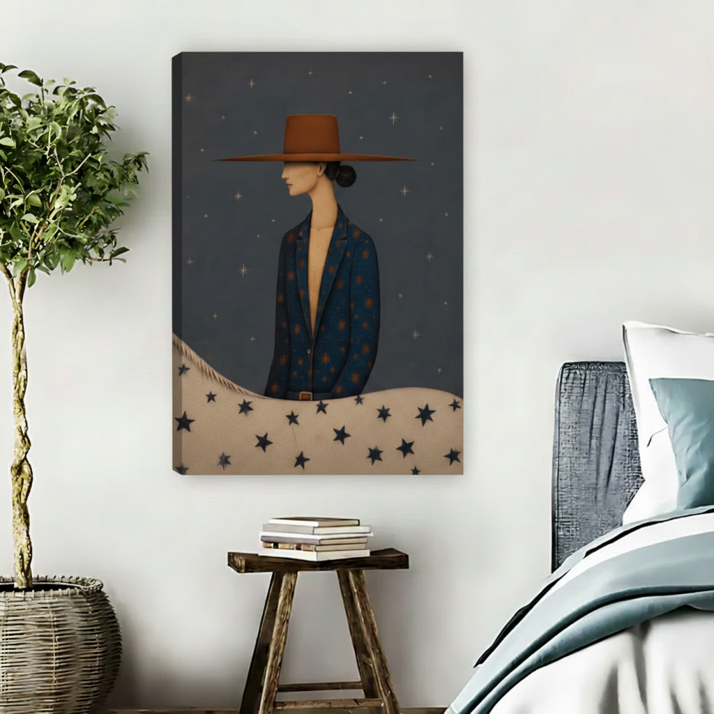 Mystical woman in wide-brim hat and star-patterned blazer, canvas wall art with dark starry night background, displayed in a boho bedroom