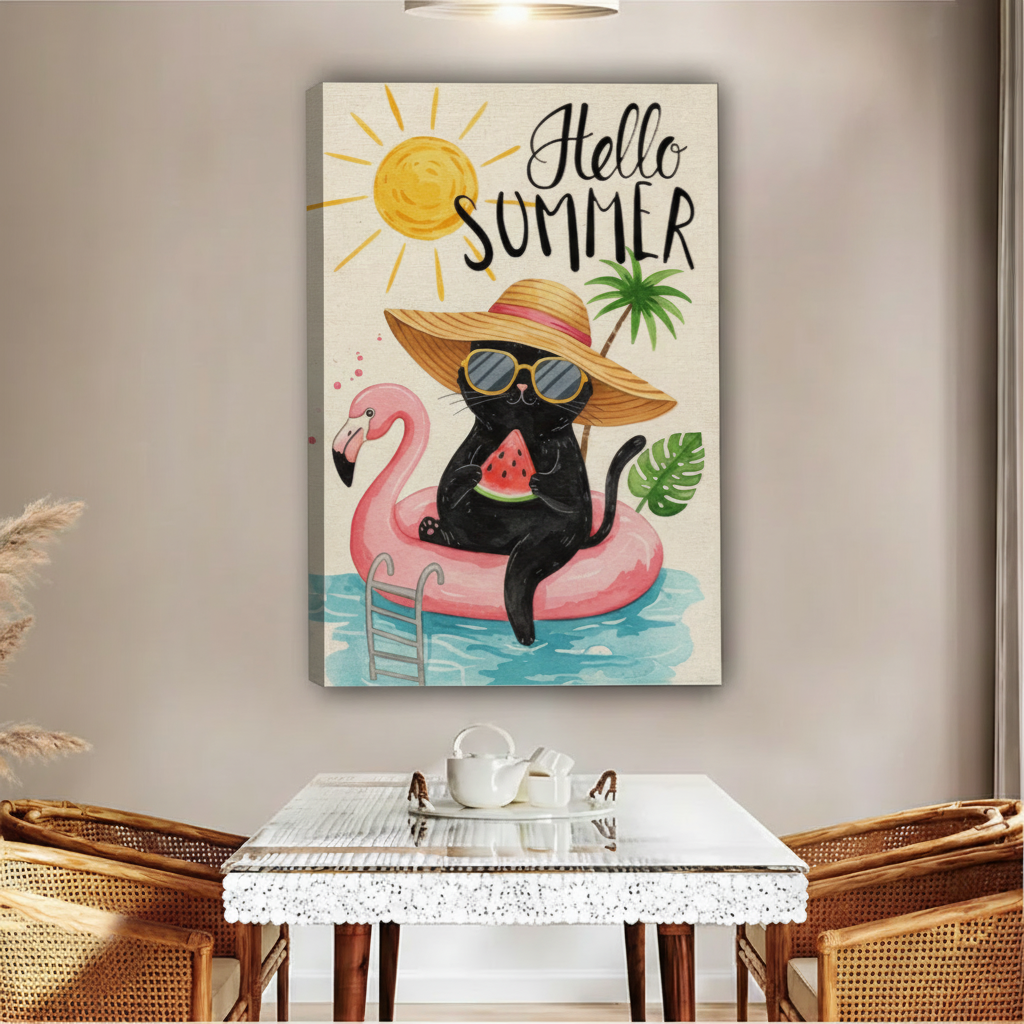 Cute black cat summer canvas print sitting on flamingo pool ring with straw hat, fun summer wall art