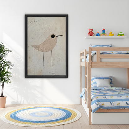 Framed neutral bird canvas wall art beside wooden bunk beds and a shelf of colorful toys.