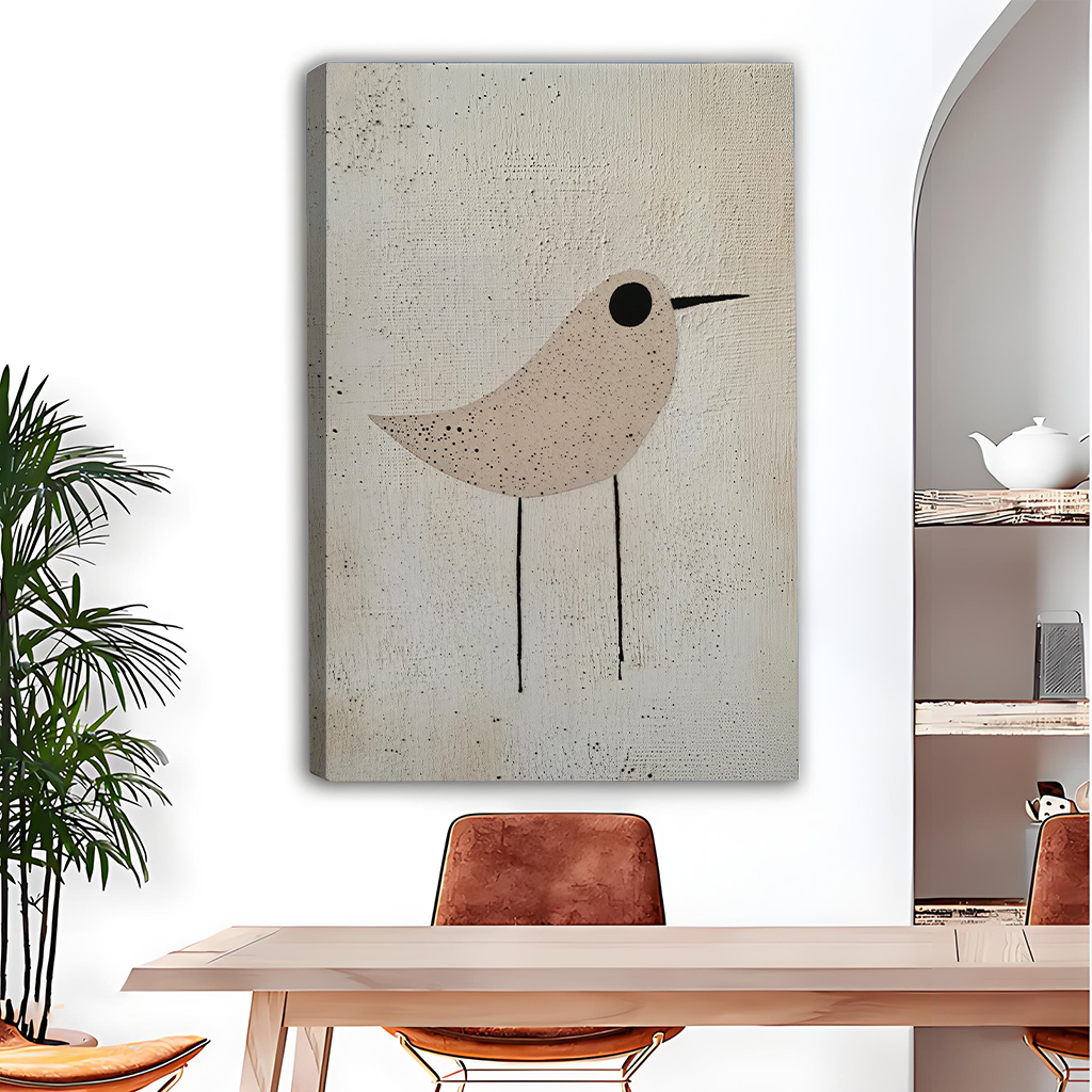 Unframed neutral bird canvas wall art with slender black legs above a dining table beside arched shelves.