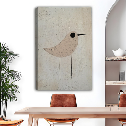Unframed neutral bird canvas wall art with slender black legs above a dining table beside arched shelves.