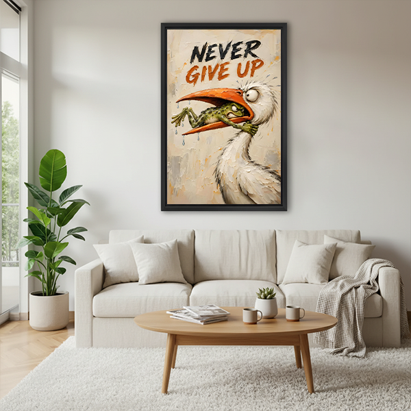 Black-framed Never Give Up canvas wall art with bold lettering and cartoon-style frog and bird between plants.