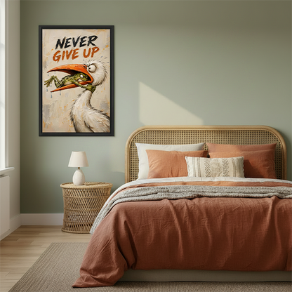 Whimsical Never Give Up canvas wall art featuring a determined frog and white bird, black-framed above a cream sofa.