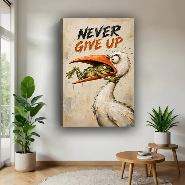 Woman holding black-framed Never Give Up canvas wall art featuring a green frog gripping a white bird's neck.