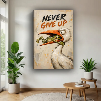 Woman holding black-framed Never Give Up canvas wall art featuring a green frog gripping a white bird's neck.