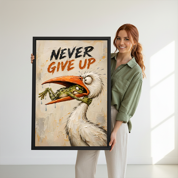 Gallery-wrap Never Give Up canvas wall art showing a frog in an orange beak, displayed between potted plants.