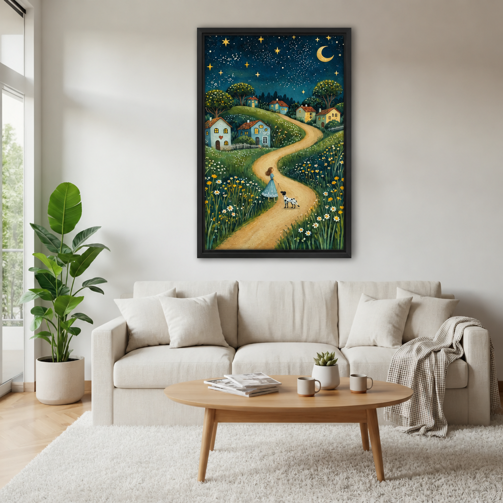 Framed night village canvas wall art hangs above a sofa, with a winding path leading through a field of flowers.