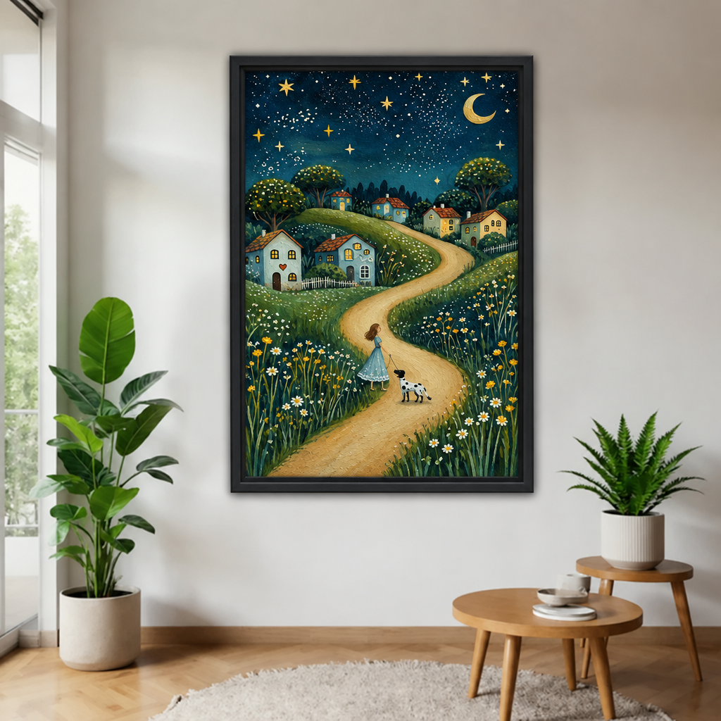 Framed night village canvas wall art with a starry sky, crescent moon, winding path, and flower-filled hills displayed in a living room.