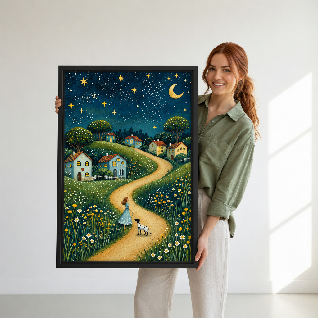 A woman holds framed night village canvas wall art featuring a girl walking a spotted dog beneath a starry sky.