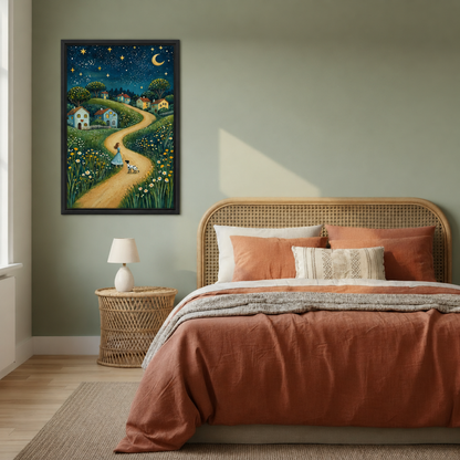 Night village canvas wall art in a black frame decorates a bedroom wall above the bed.