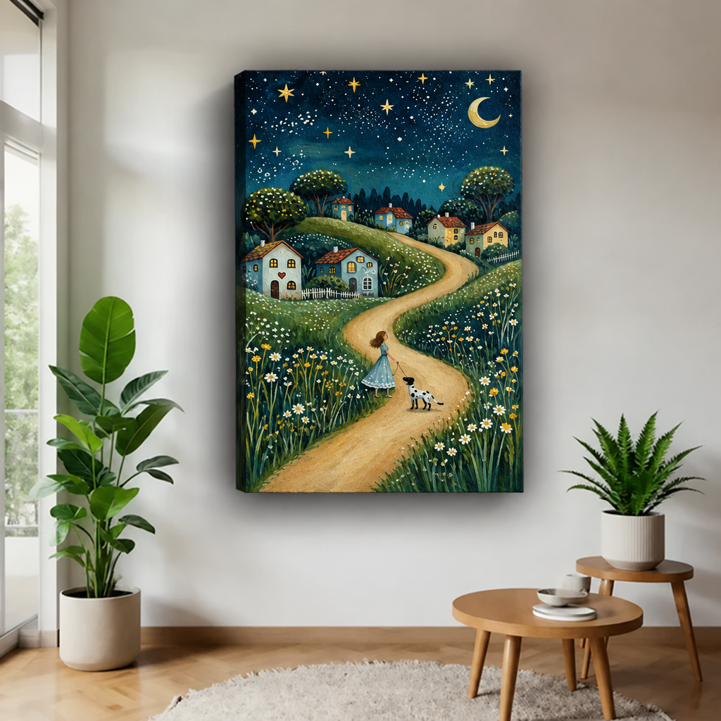 Gallery-wrap night village canvas wall art shows a moonlit village and winding path above a living room table.