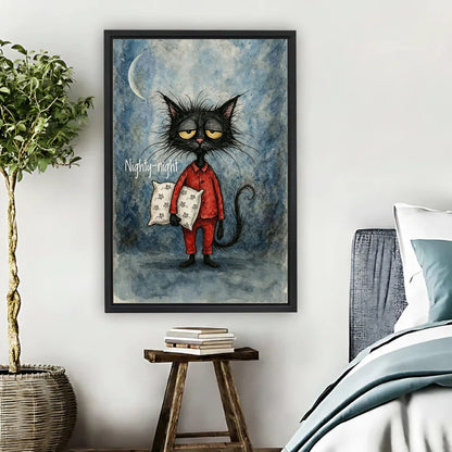 Nighty-Night black cat pajamas framed canvas art hung above bedside table in cozy bedroom wall decor
