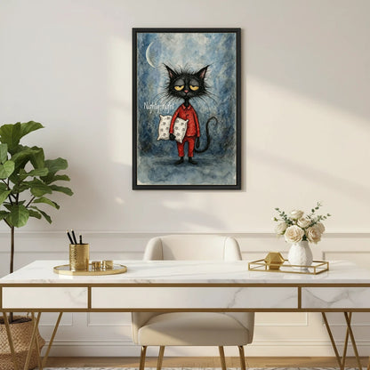 Funny grumpy cat in pajamas framed wall art displayed in elegant home office with marble desk