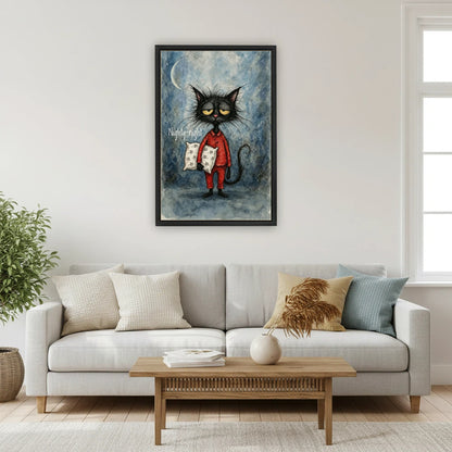 Whimsical black cat framed canvas print hanging above sofa in modern Scandinavian living room decor