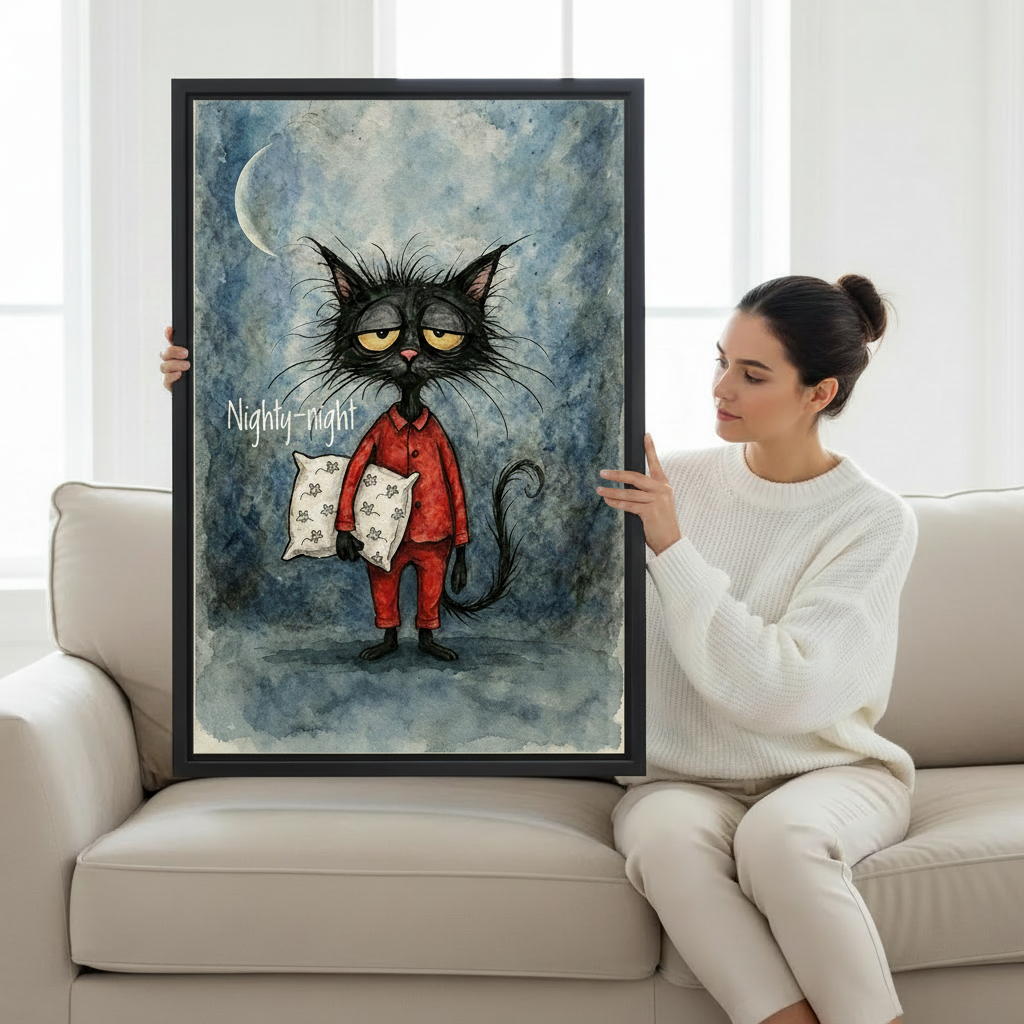 Woman holding large nighty-night black cat framed canvas art showing size reference for bedroom wall decor