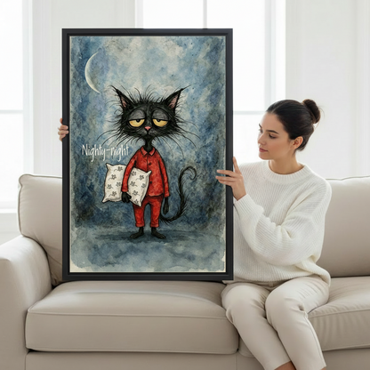 Woman holding large nighty-night black cat framed canvas art showing size reference for bedroom wall decor