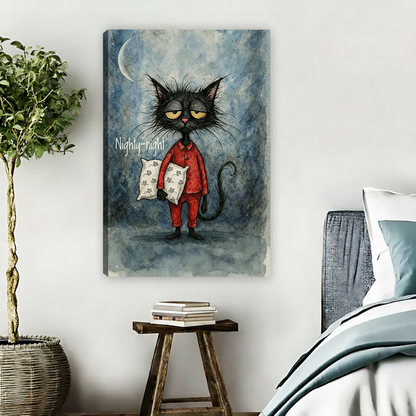 Grumpy black cat in red pajamas gallery wrap canvas wall art in minimalist bedroom with rattan plant