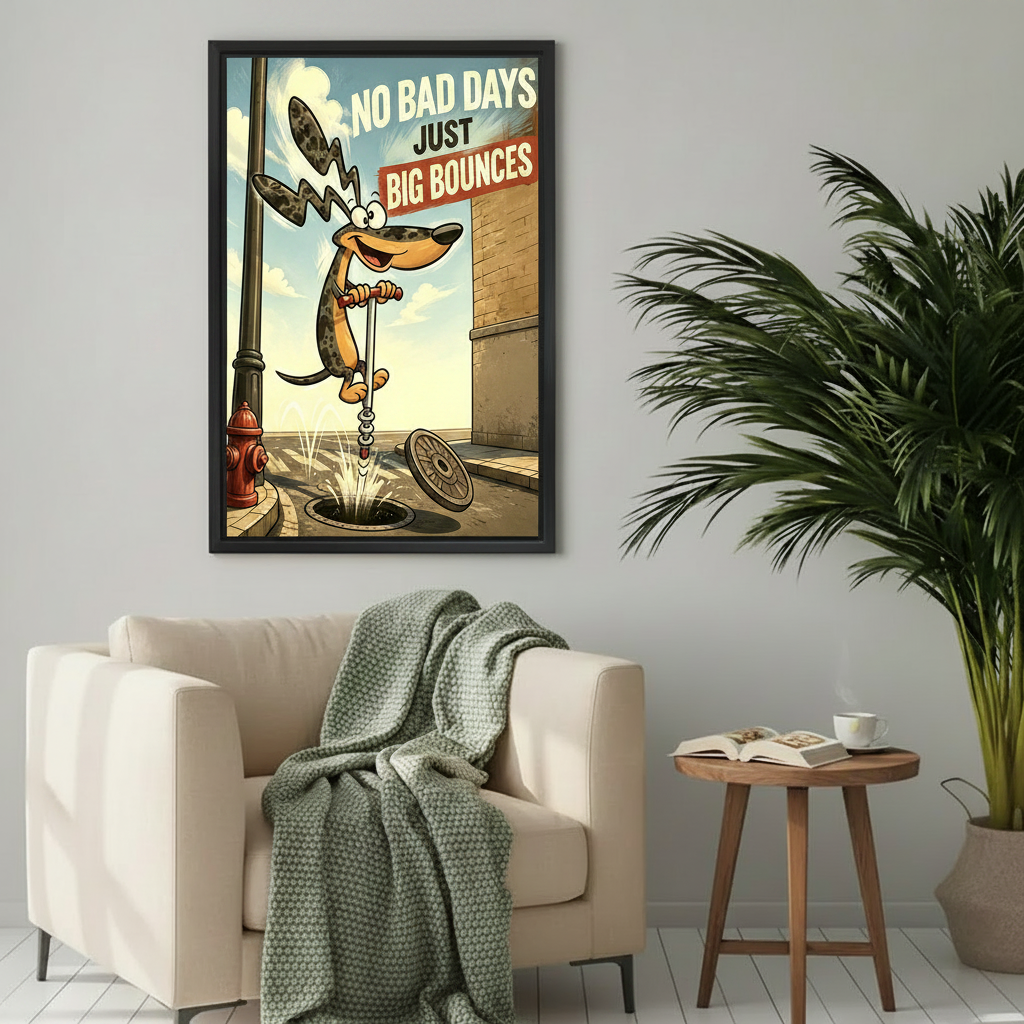 Retro cartoon dachshund pogo stick framed canvas wall art above cream armchair with green knit throw cozy living room