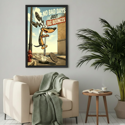Retro cartoon dachshund pogo stick framed canvas wall art above cream armchair with green knit throw cozy living room