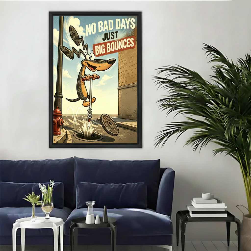 Retro cartoon dachshund pogo stick framed canvas wall art above navy blue sofa with palm plant modern living room