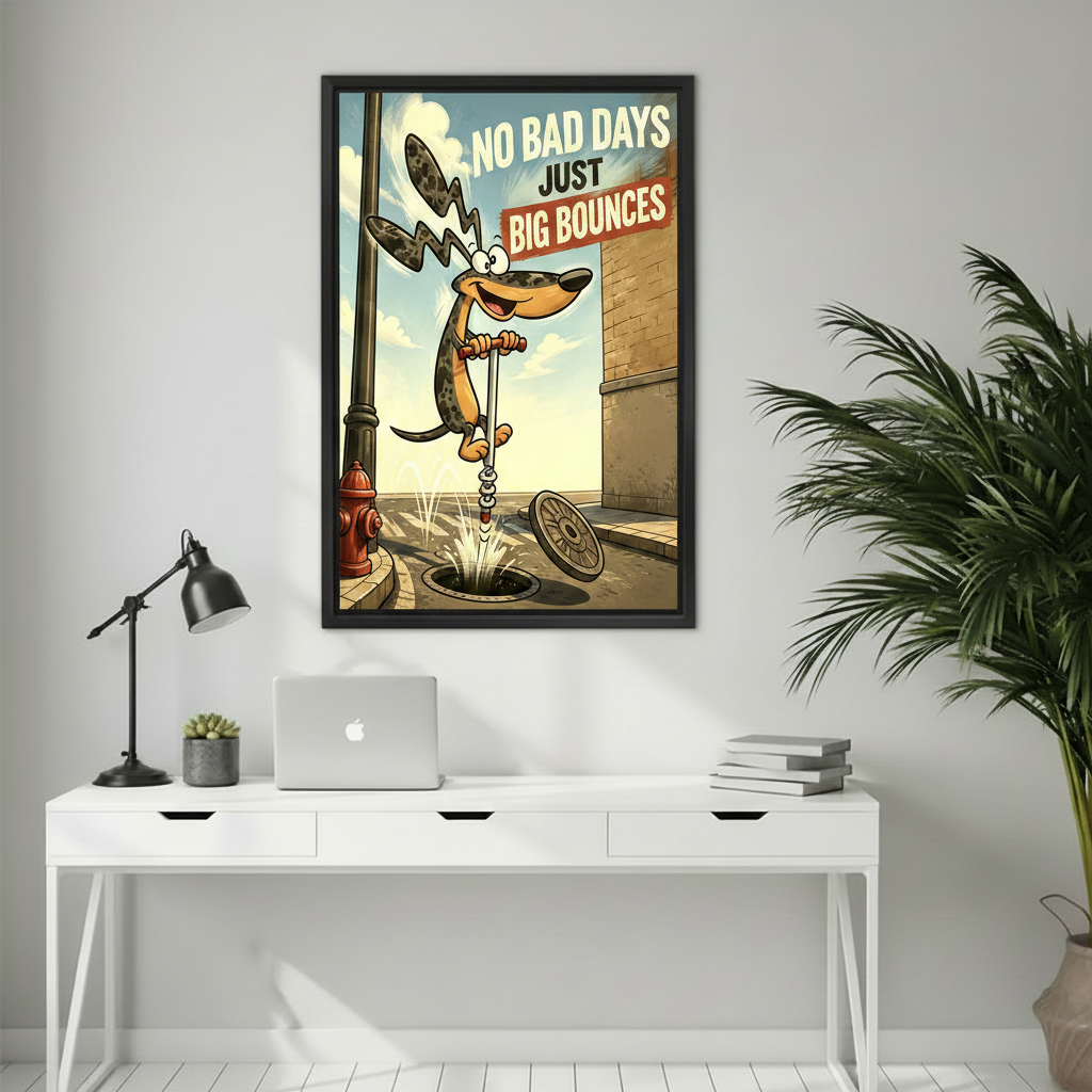 No bad days just big bounces dachshund framed canvas wall art above white desk with laptop and task lamp