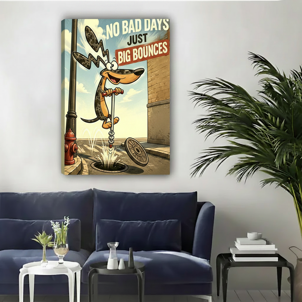 No bad days just big bounces dachshund unframed gallery wrap canvas above navy sofa with side tables and palm plant