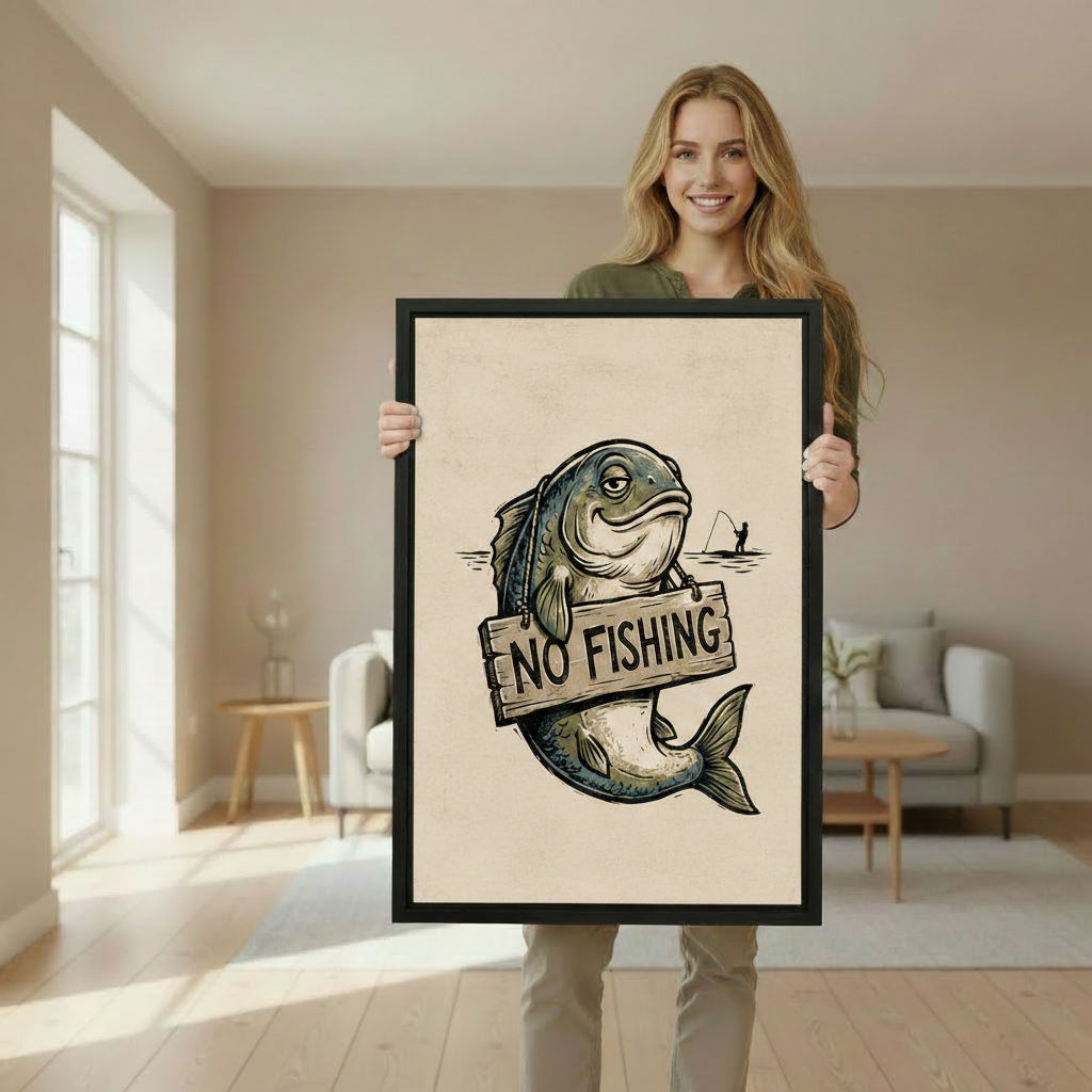 Woman holding large no fishing vintage folk art framed canvas wall art showing size reference in bright room