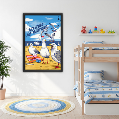 No Gods No Masters seagull canvas wall art in a black frame above a dining table beside a palm.