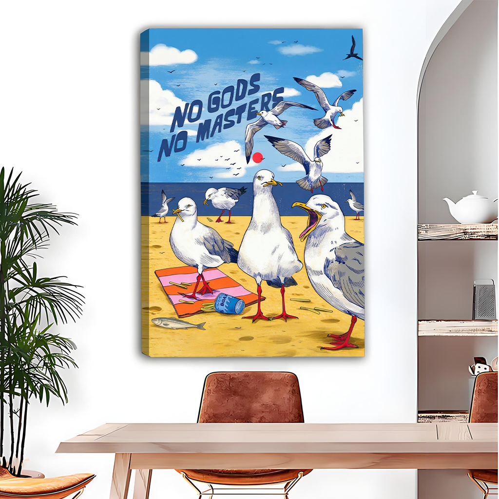Gallery-wrap No Gods No Masters seagull canvas wall art with blue sky and golden sand above a dining table.