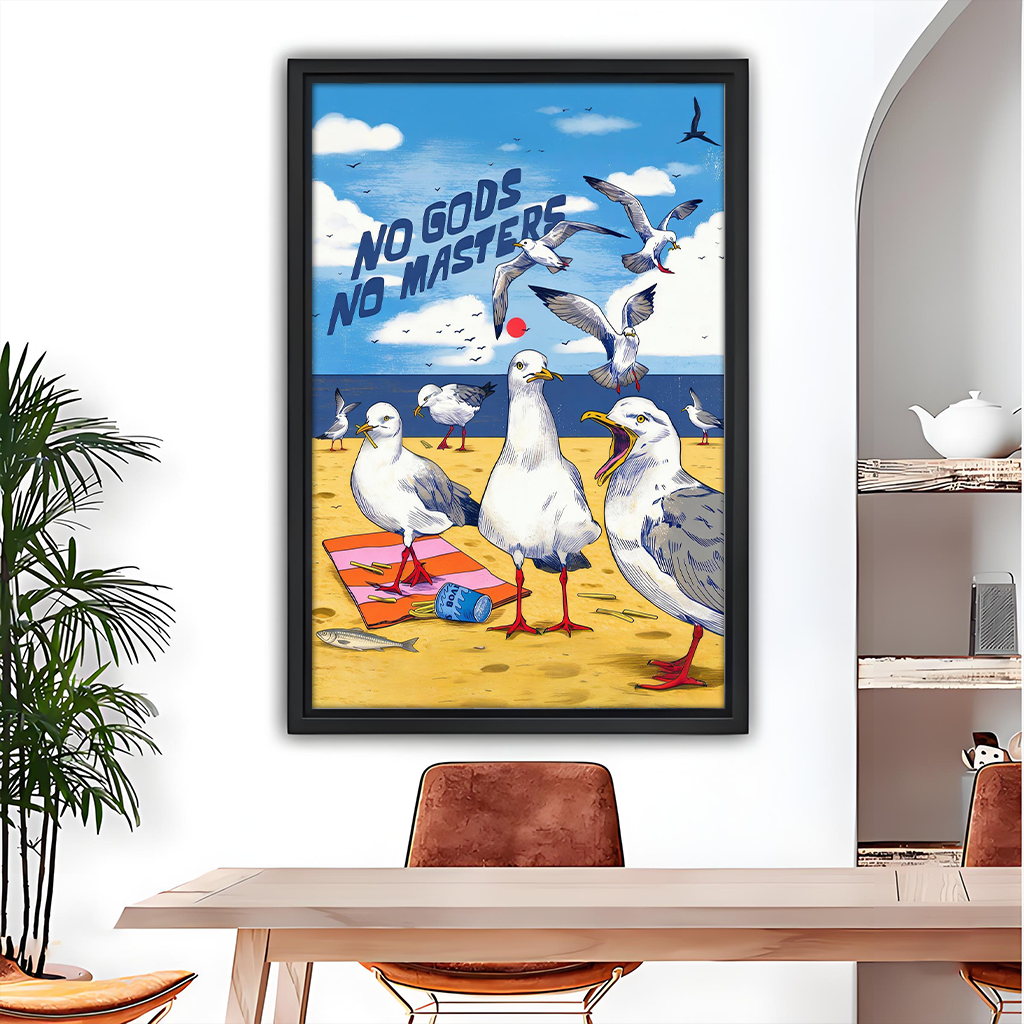 Framed No Gods No Masters seagull canvas wall art showing a sunny beach scene beside wooden bunk beds.