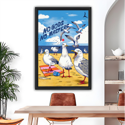 Framed No Gods No Masters seagull canvas wall art showing a sunny beach scene beside wooden bunk beds.