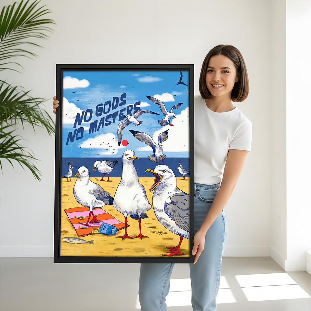Framed No Gods No Masters seagull canvas wall art above a gray sofa with blue and white cushions.