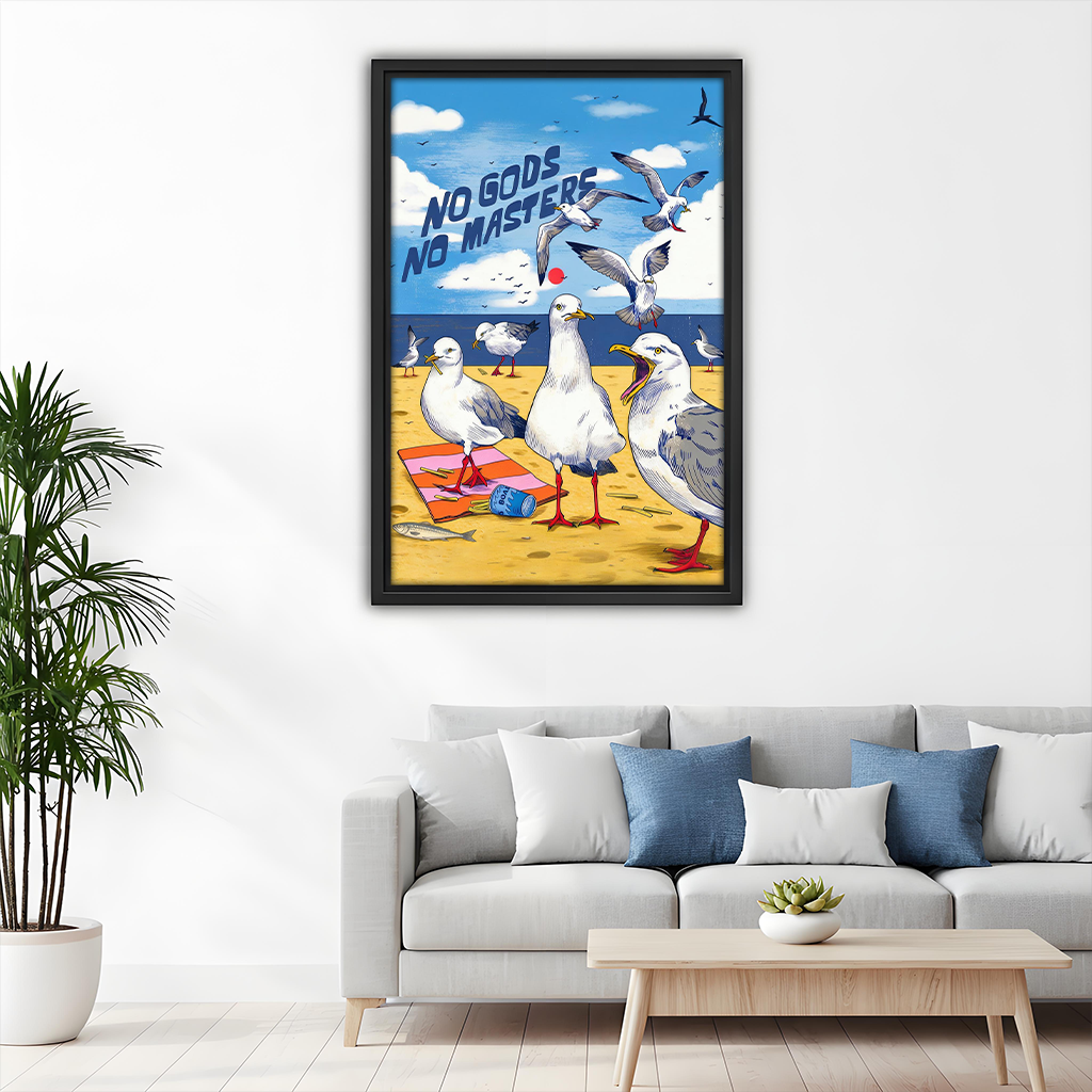 Woman holding framed No Gods No Masters seagull canvas wall art featuring beach birds and bold blue lettering.