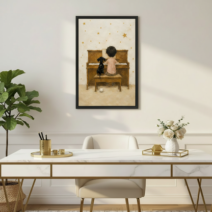 Nostalgic boy and dachshund piano framed canvas print in modern home office