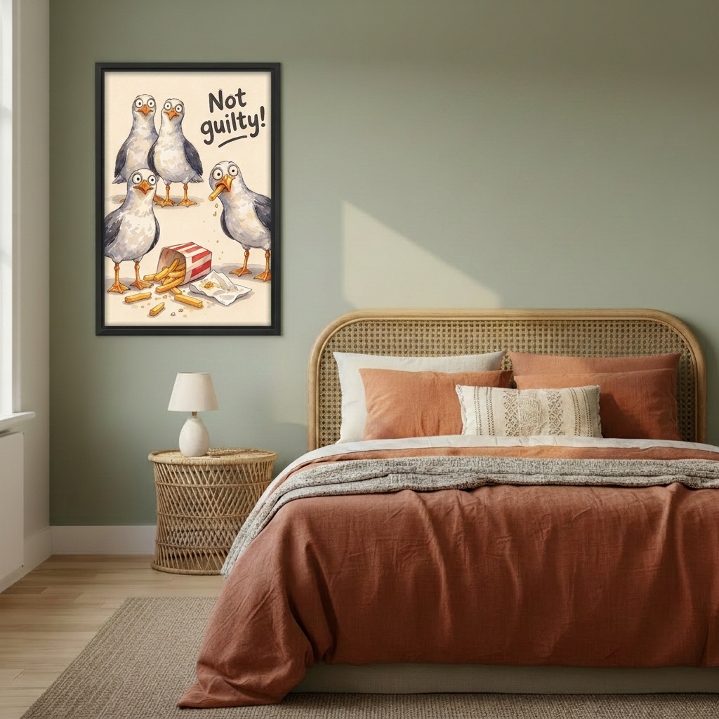 Black-framed Not Guilty seagulls canvas wall art beside a rattan bed with terracotta bedding.