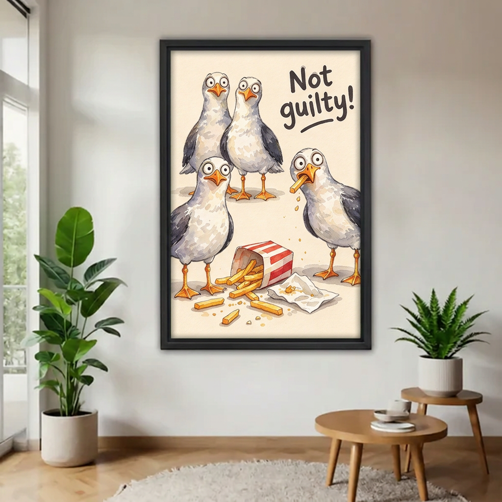 Black-framed Not Guilty seagulls canvas wall art displayed between houseplants beside a bright window.