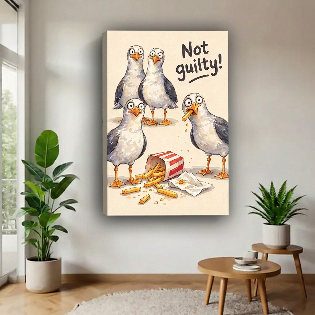 Gallery-wrapped Not Guilty seagulls canvas wall art featuring four birds around a spilled carton of fries.