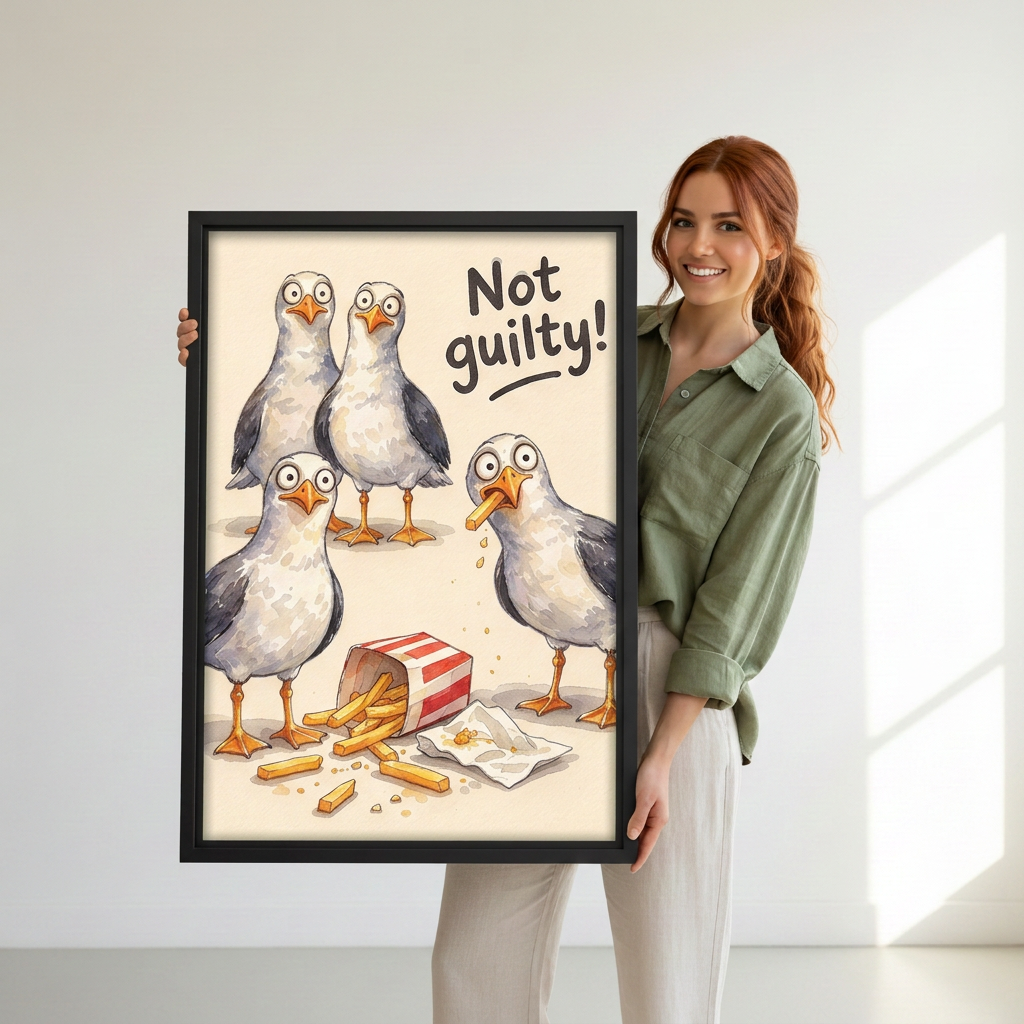 Woman holding black-framed Not Guilty seagulls canvas wall art with a bird carrying a fry in its beak.