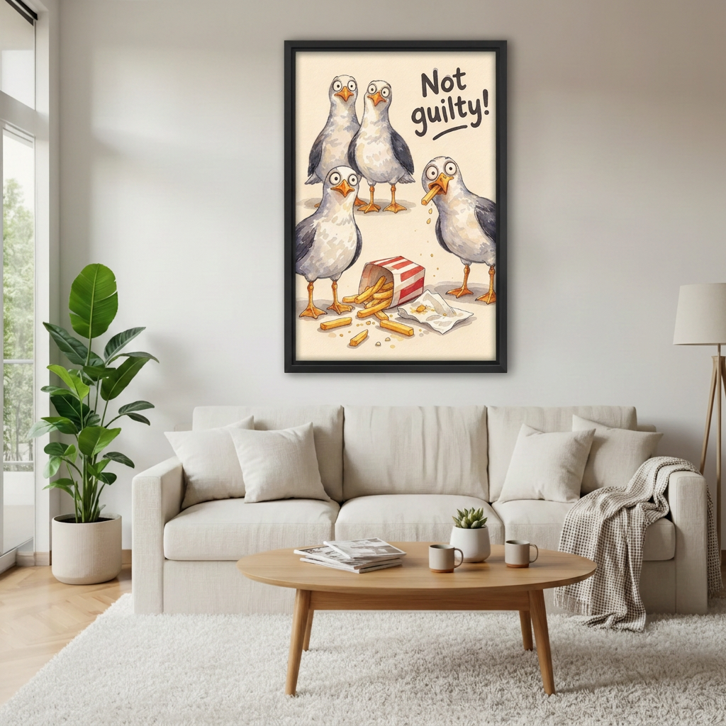  Black-framed Not Guilty seagulls canvas wall art hanging above a cream sofa in a sunlit living room.