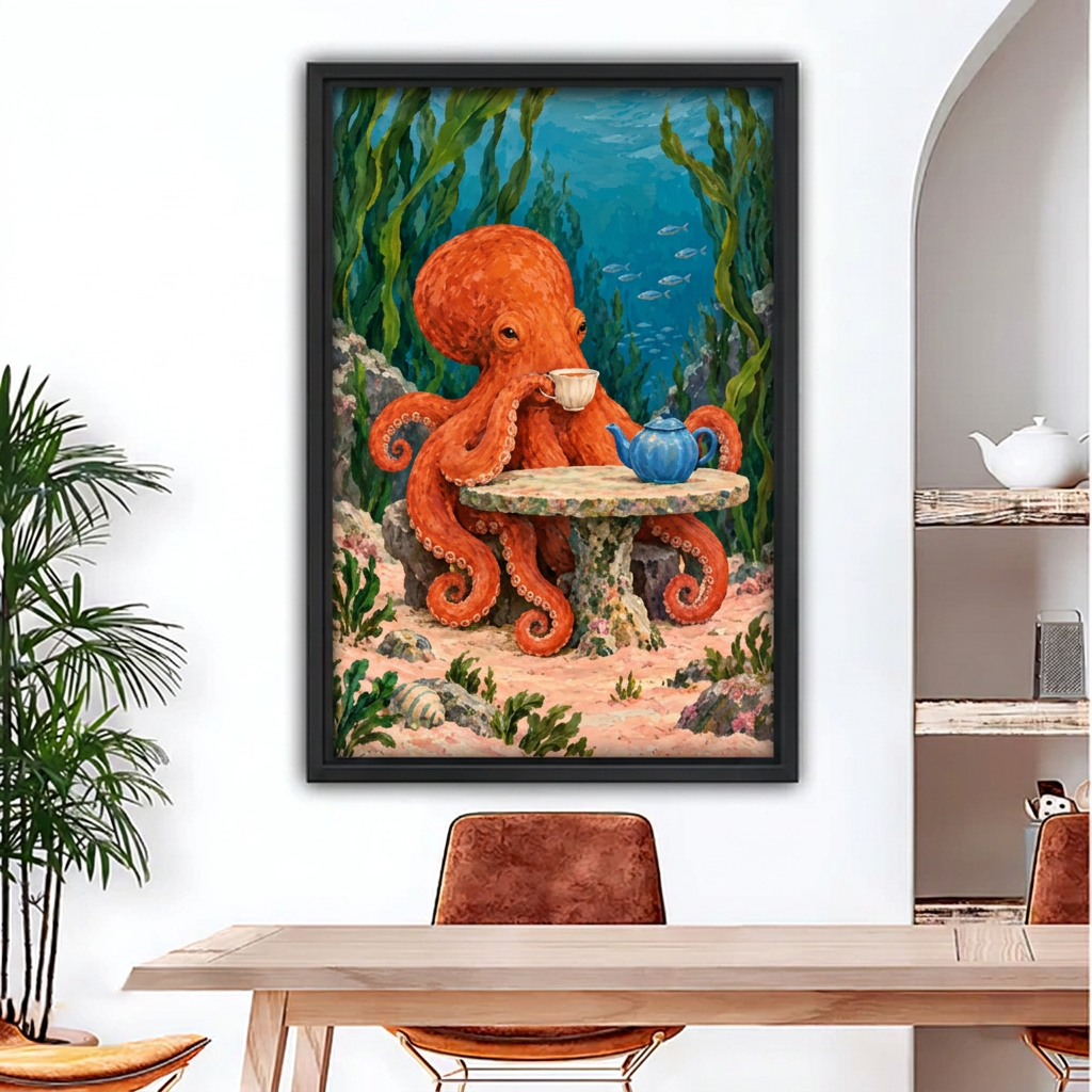Octopus tea party canvas wall art in a black frame above a dining table, featuring an orange octopus underwater.