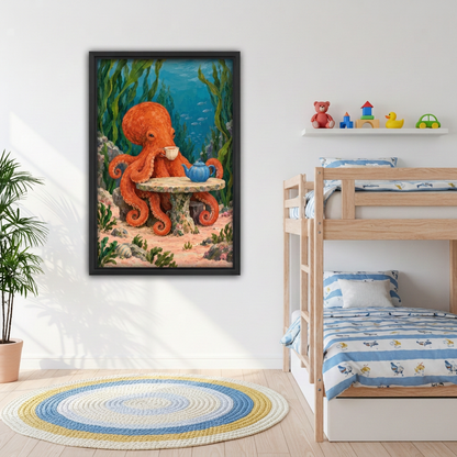 Black framed octopus tea party canvas wall art beside wooden bunk beds and a toy shelf in a children's bedroom.