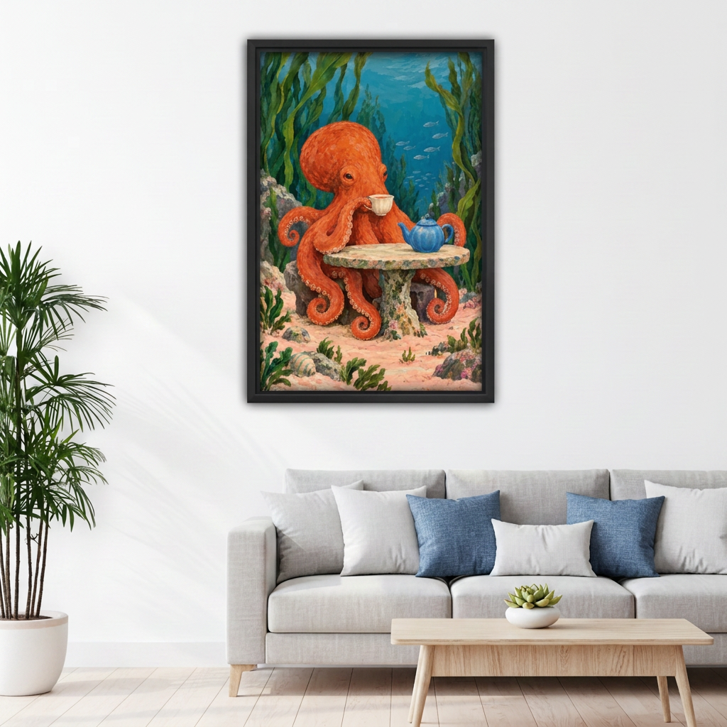 Octopus tea party canvas wall art in a black frame above a light gray sofa with blue cushions.