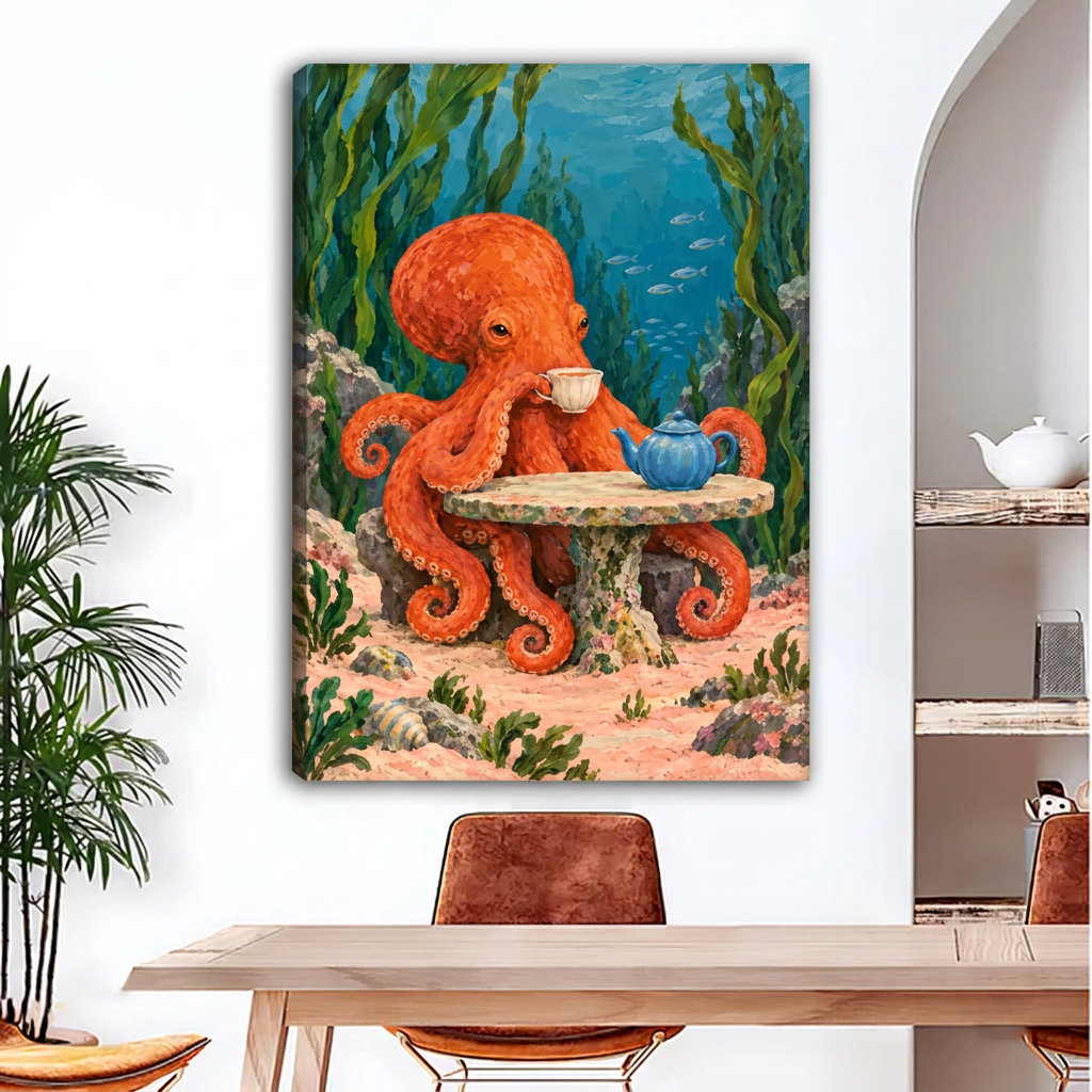 Unframed octopus tea party canvas wall art above a dining table, showing a blue teapot and green kelp.