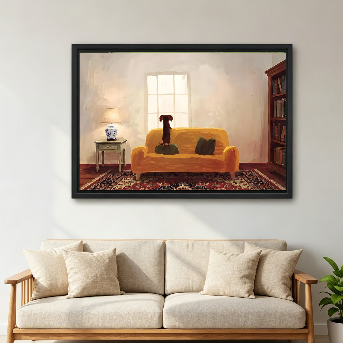 Oil painting brown dachshund standing on mustard yellow sofa gazing window porcelain lamp bookshelf Persian rug black framed canvas wall art on white wall above cream wood-arm sofa with green plant