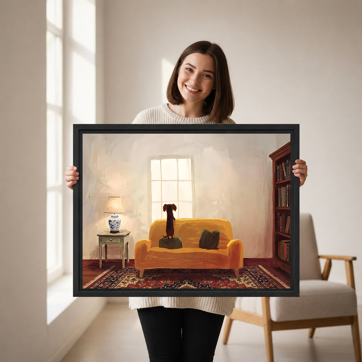 Smiling brunette woman holding large oil painting brown dachshund yellow sofa window gazing black framed canvas wall art size reference in bright room with linen armchair and natural window light